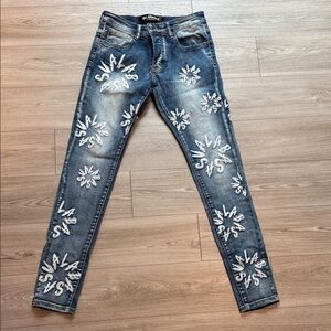 Stylish Blue Skinny Jeans with White Graphics